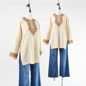 Vintage 70s Embroidered Tunic Top Bohemian Beige Cotton Indian Shirt S M
